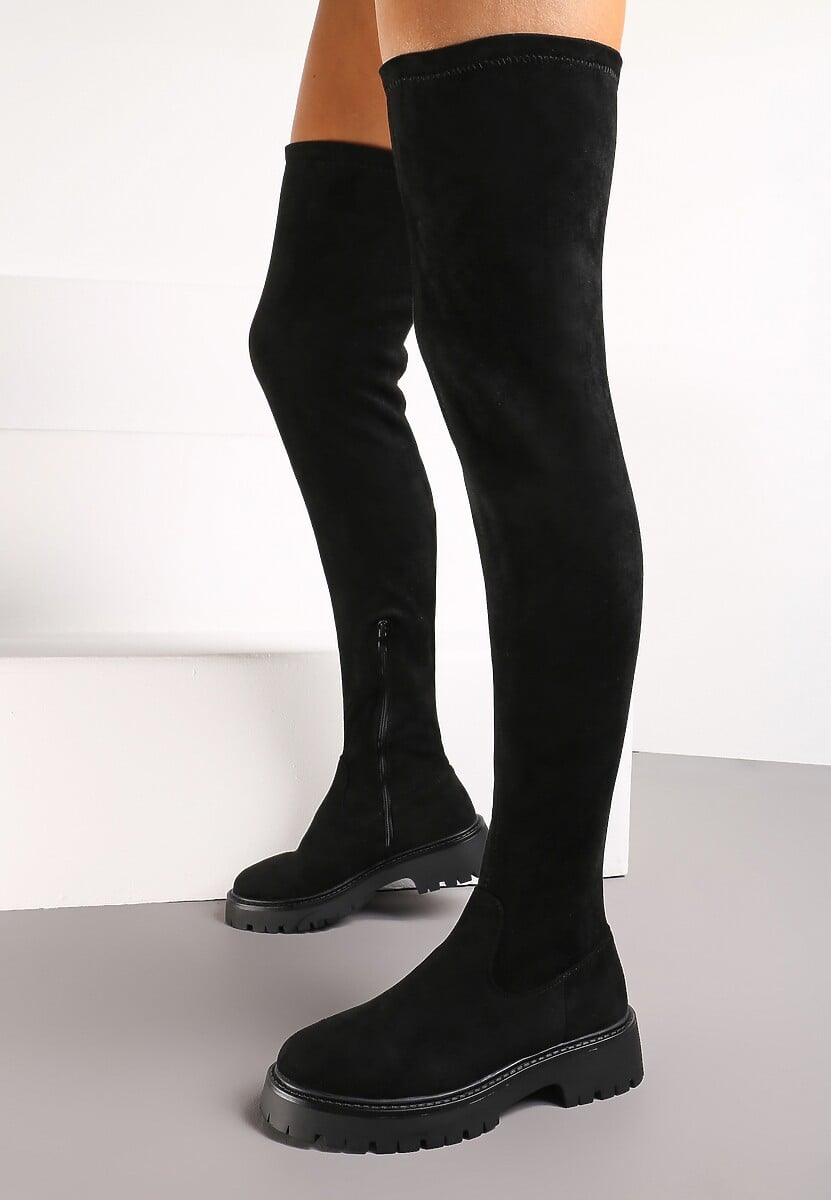 Czarne Kozaki za Kolano na Grubej Podeszwie z Protektorem Ludra