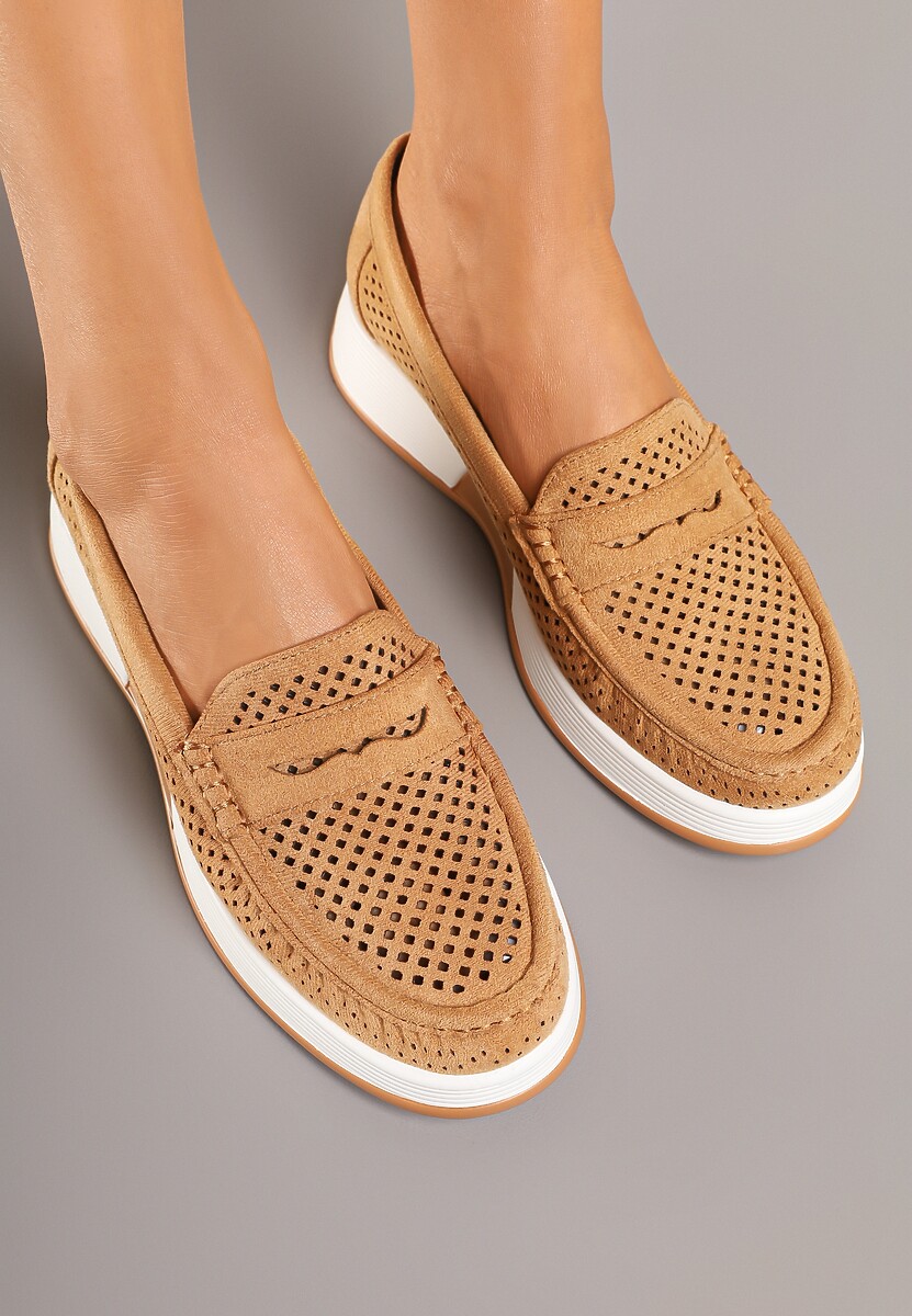 Brązowe Metaliczne Mokasyny z Wkładką ze Skóry Naturalnej i Ażurową Cholewką Lunenia