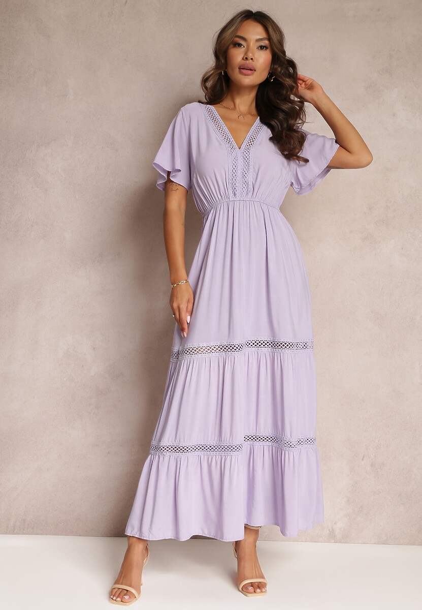 Fioletowa Rozkloszowana Sukienka Maxi z Gumką w Talii i Koronkowym Dekoltem Cheteia