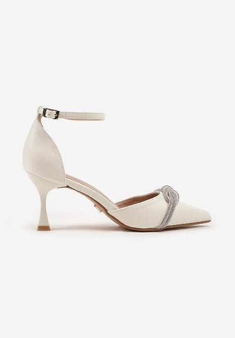 Białe Czółenka na Szpilce Vices z Cyrkoniową Kokardą Atennia