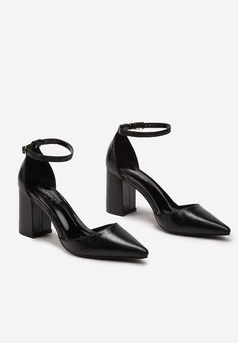 Czarne Czółenka na Obcasie z Metalicznym Połyskiem i Tłoczeniem Efrudia