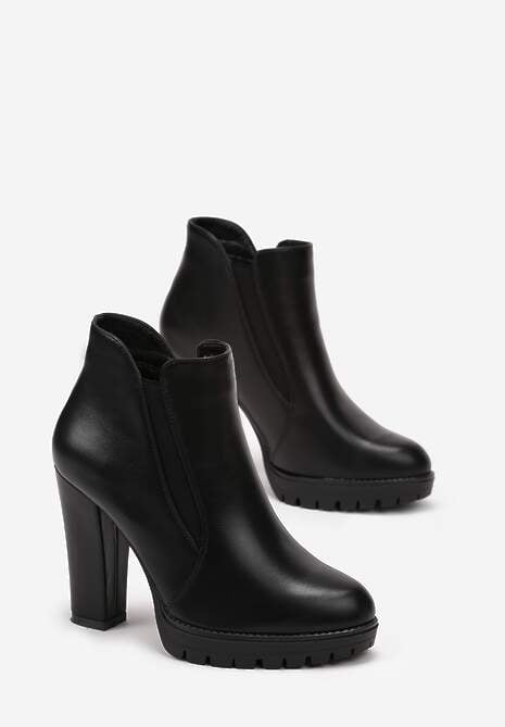 Czarne Botki z Ekoskóry na Niskiej Platformie i Słupku Firmina
