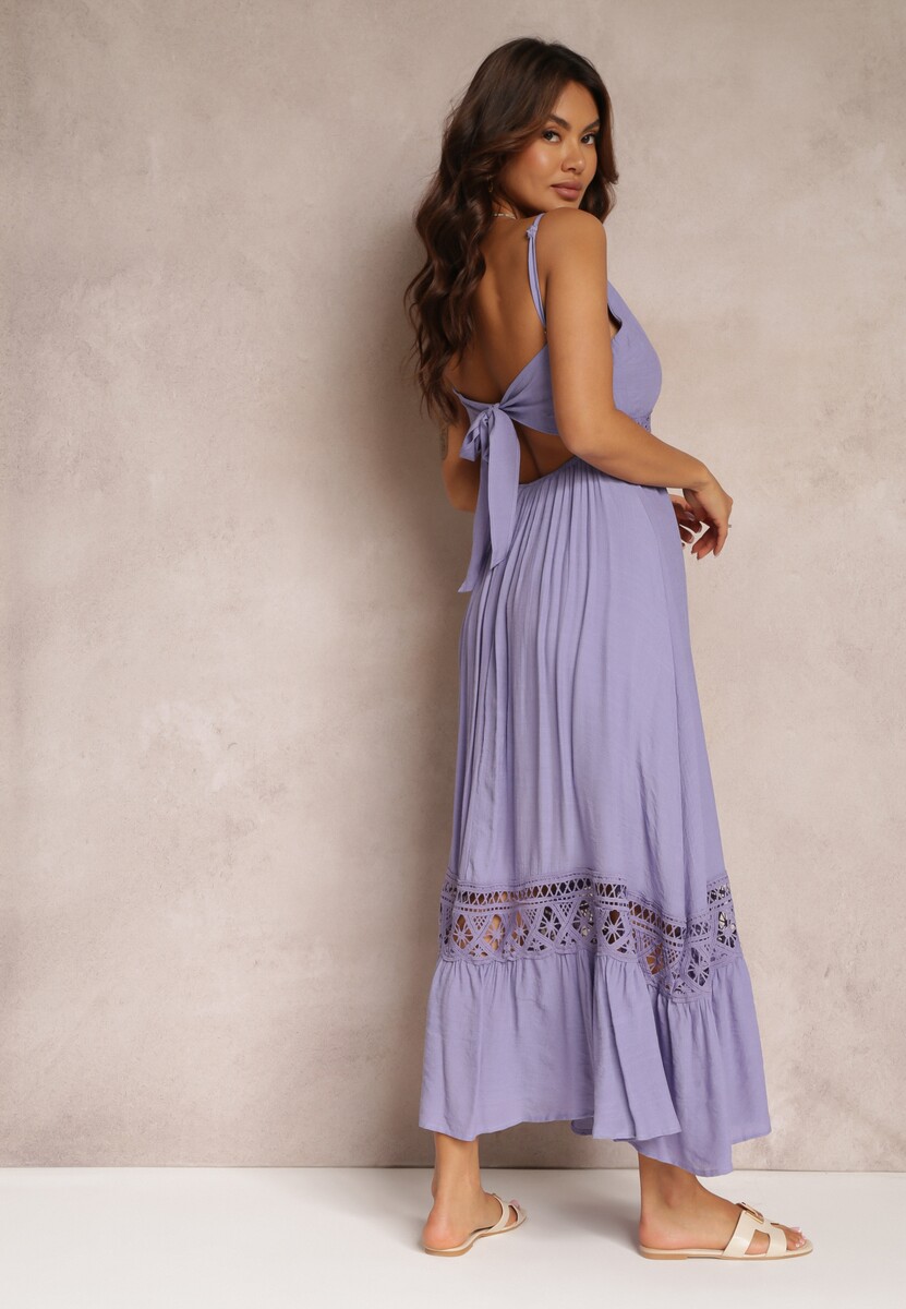 Fioletowa Rozkloszowana Sukienka Maxi z Falbanką i Koronką Luluma