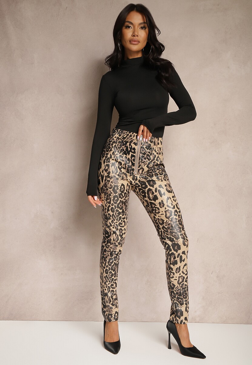 Czarne Spodnie High Waist z Ekoskóry z Ozdobnym Suwakiem i Ociepleniem Ilanilith