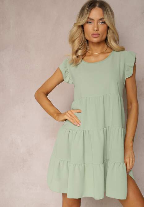 Miętowa Sukienka z Krótkim Rękawem i Ozdobnymi Falbankami o Rozkloszowanym Kroju Vetesa