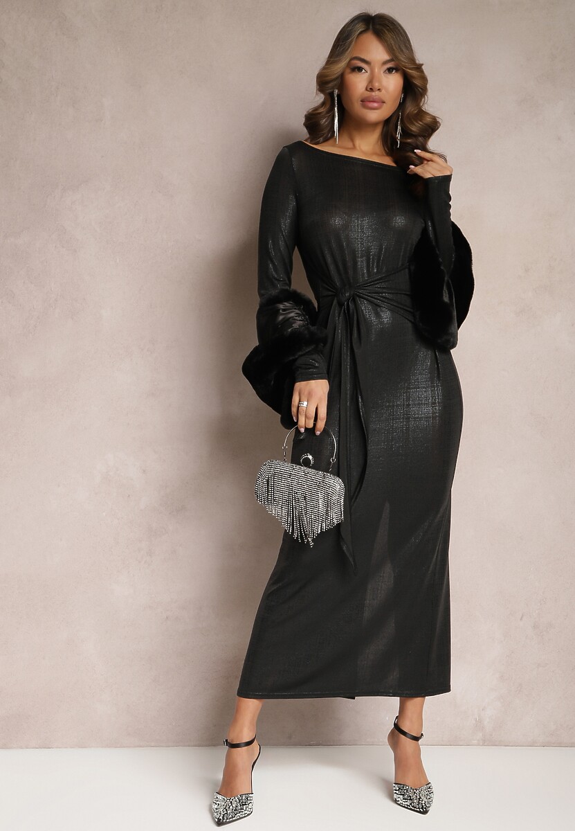 Czarna Połyskująca Sukienka Maxi z Wiązanym Paskiem Graice
