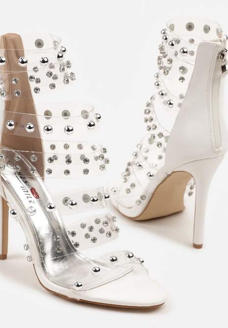 Białe Sandały na Szpilce z Transparentnymi Paskami i Cyrkoniami Davioris