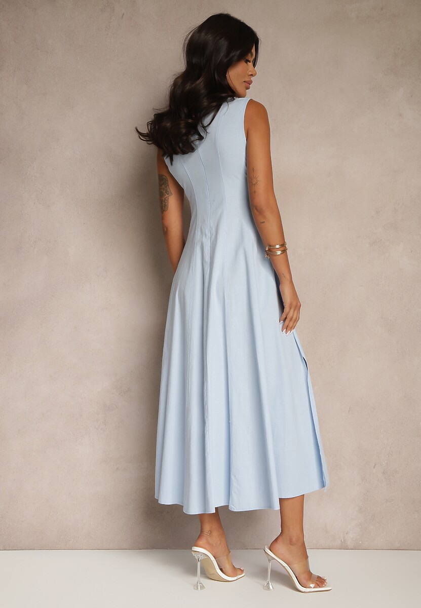 Niebieska Sukienka Rozkloszowana z Wiskozą Bawełną i Rozcięciem na Nogę Saravisse