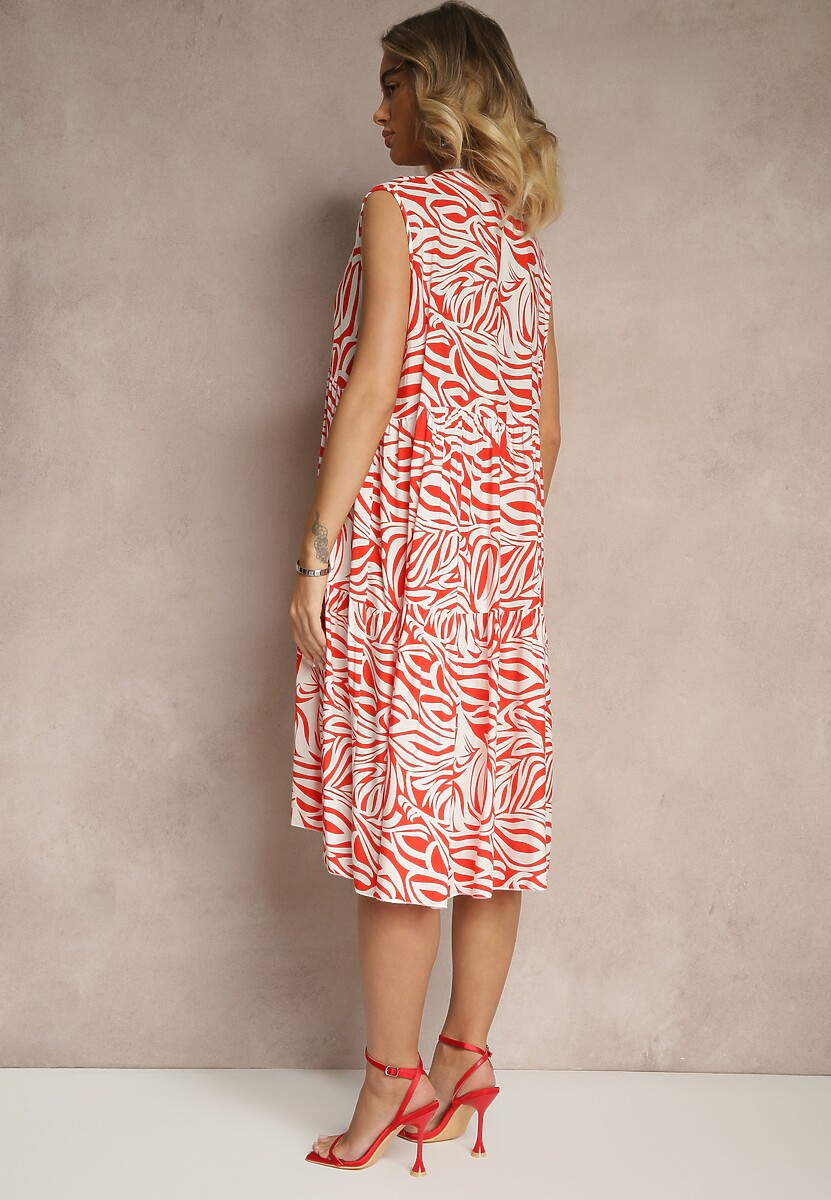 Czerwona Rozkloszowana Sukienka z Bawełny w Geometryczny Wzór Annilessa