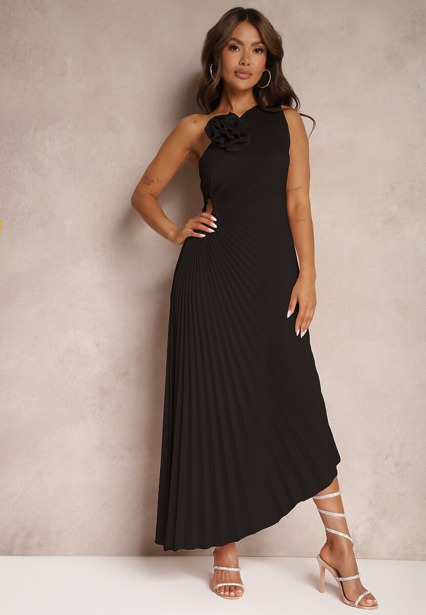 Różowa Asymetryczna Sukienka z Plisowanym Dołem i Aplikacją w Kształcie Kwiatu Fevima