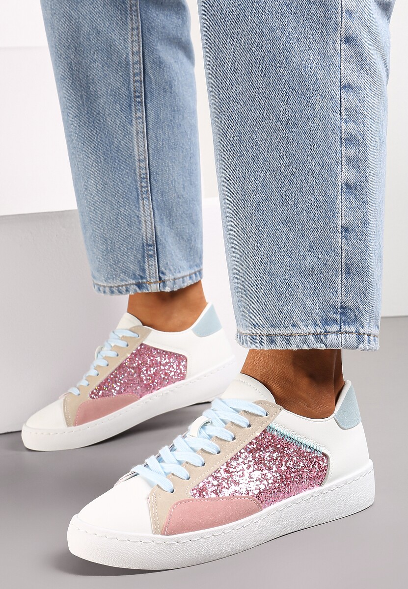 Biało-Różowe Sneakersy na Płaskiej Podeszwie z Ozdobnymi Wstawkami i Brokatem Jivina