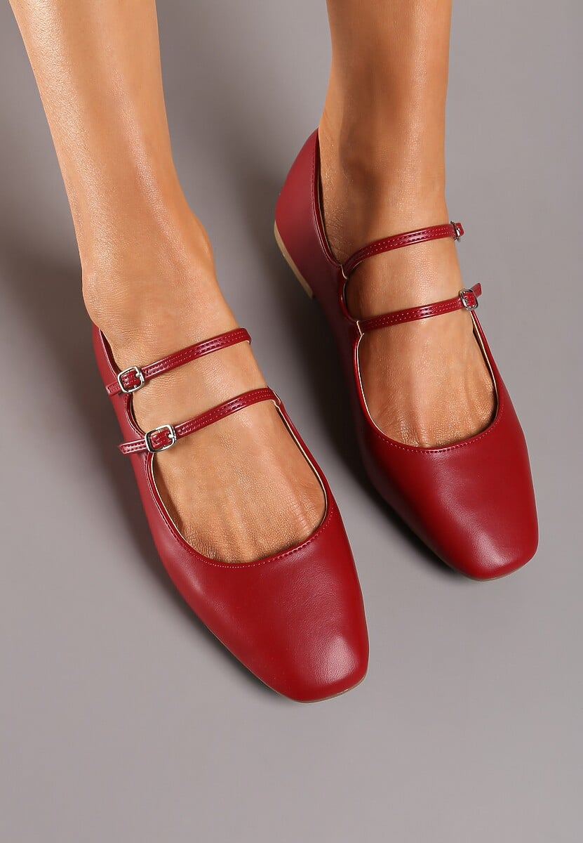 Bordowo-Czerwone Balerinki z Cienkimi Paskami na Sprzączki Lumeria