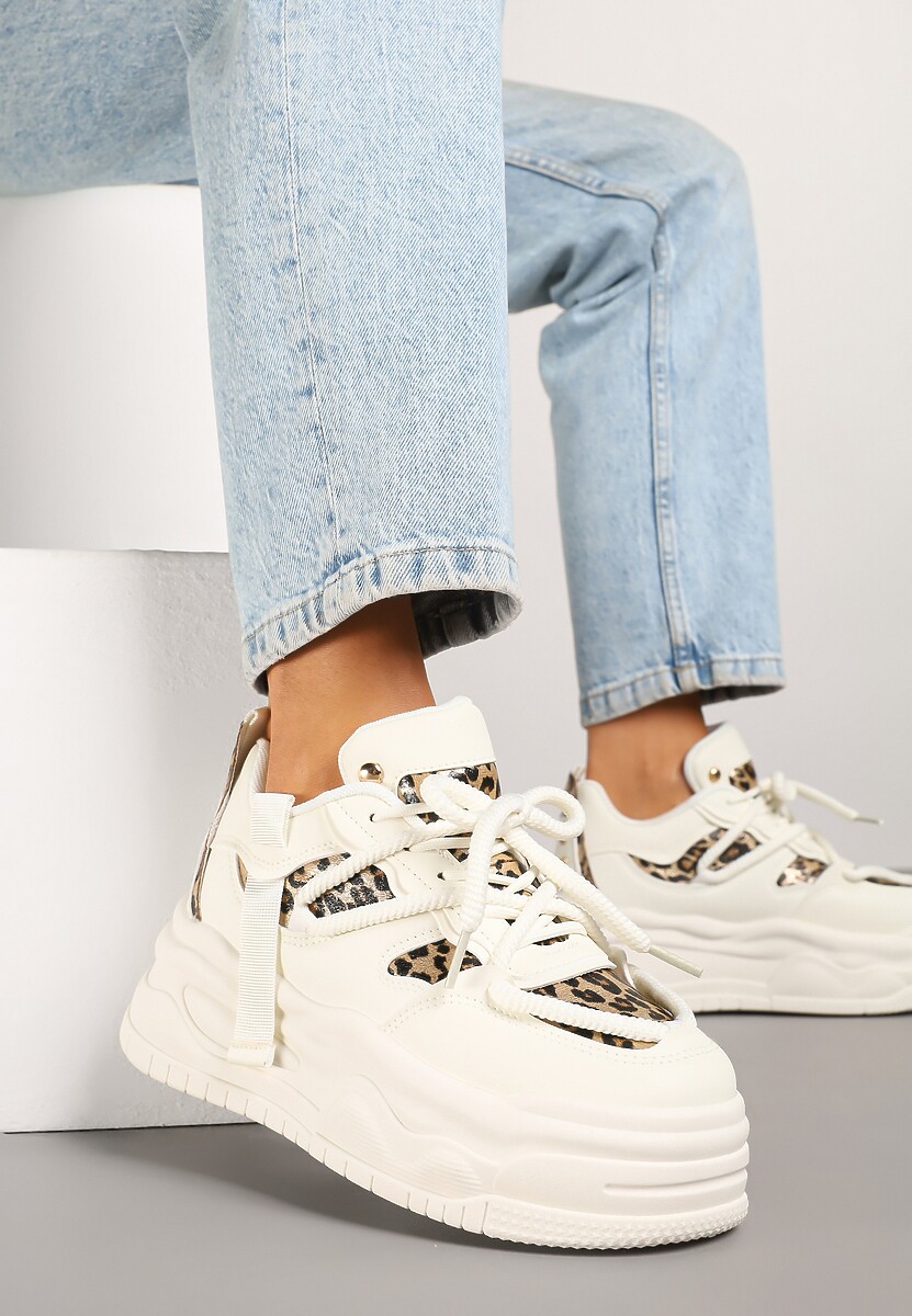 Beżowo-Panterkowe Sneakersy w Streetwearowym Stylu na Tłoczonej Platformie z Brokatem Mailienne