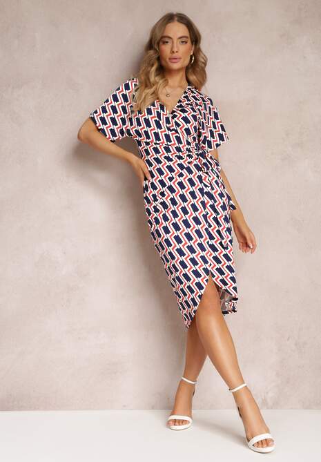 Granatowa Kopertowa Sukienka Wiązana w Pasie w Geometryczny Wzór  Aphrosia