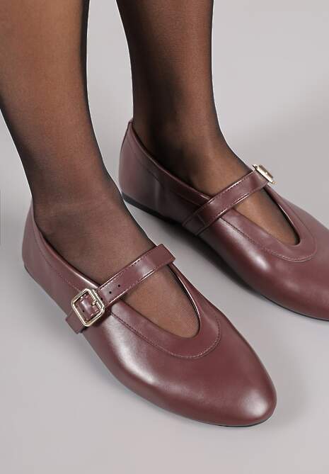 Bordowe Balerinki Vices w Stylu Mary Jane z Klamerką i Skórzaną Wkładką Dimaline
