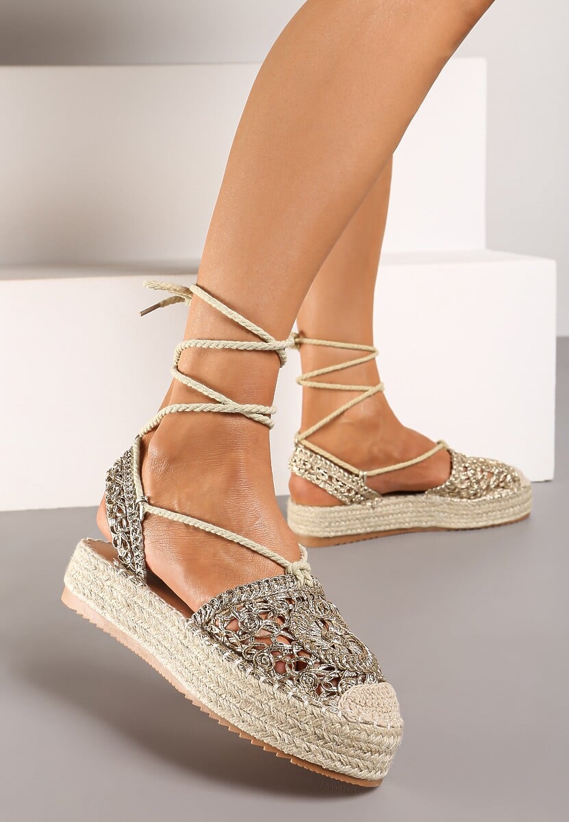 Złote Wiązane Espadryle Ażurowe na Plecionej Podeszwie Talea