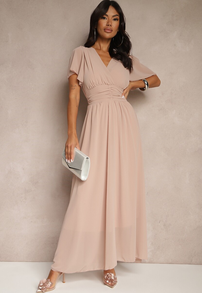 Beżowa Rozkloszowana Sukienka z Kopertowym Dekoltem Obillis