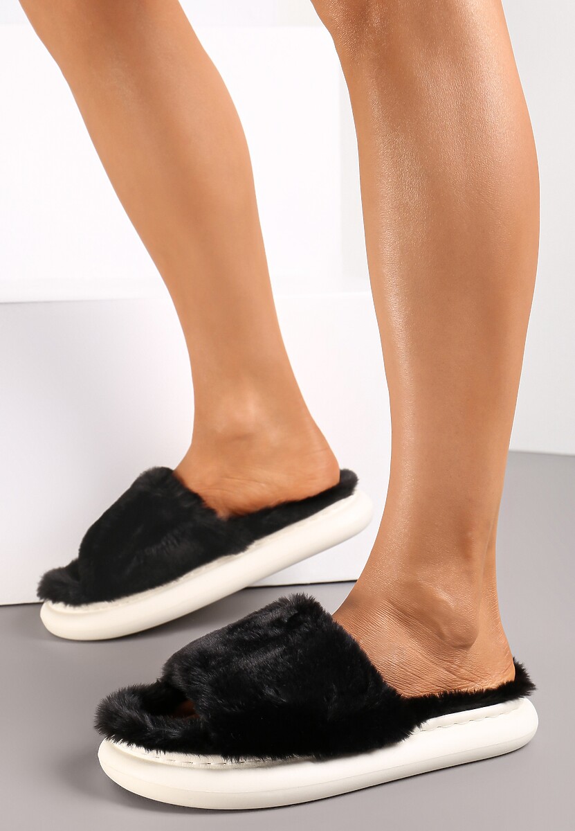 Czarne Kapcie Futrzane z Szerokim Paskiem Cedory