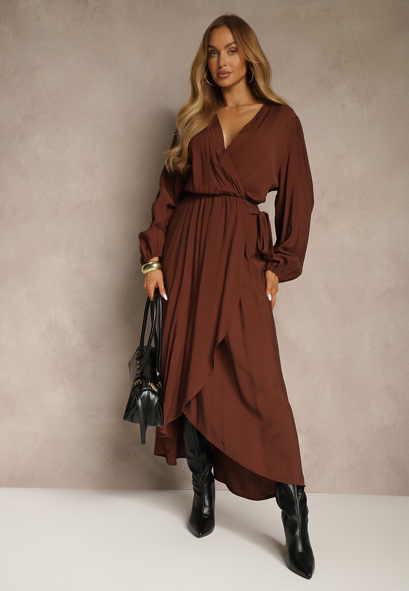 Brązowa Kopertowa Sukienka z Wiskozą z Wiązanym Paskiem w Talii Fezalia