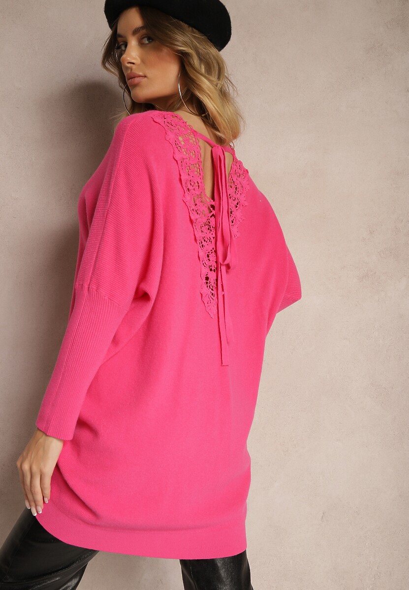 Fuksjowy Sweter z Modalem i Wiskozą Ozdobiony Koronką Zinnorela