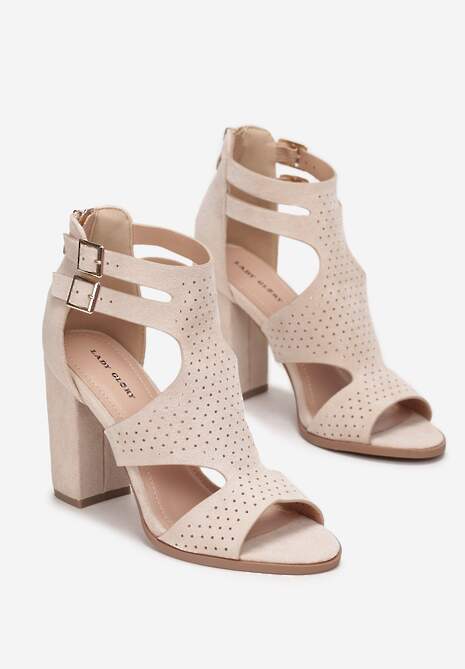 Beżowe Sandały na Wysokim Słupku z Perforacją Meeyah