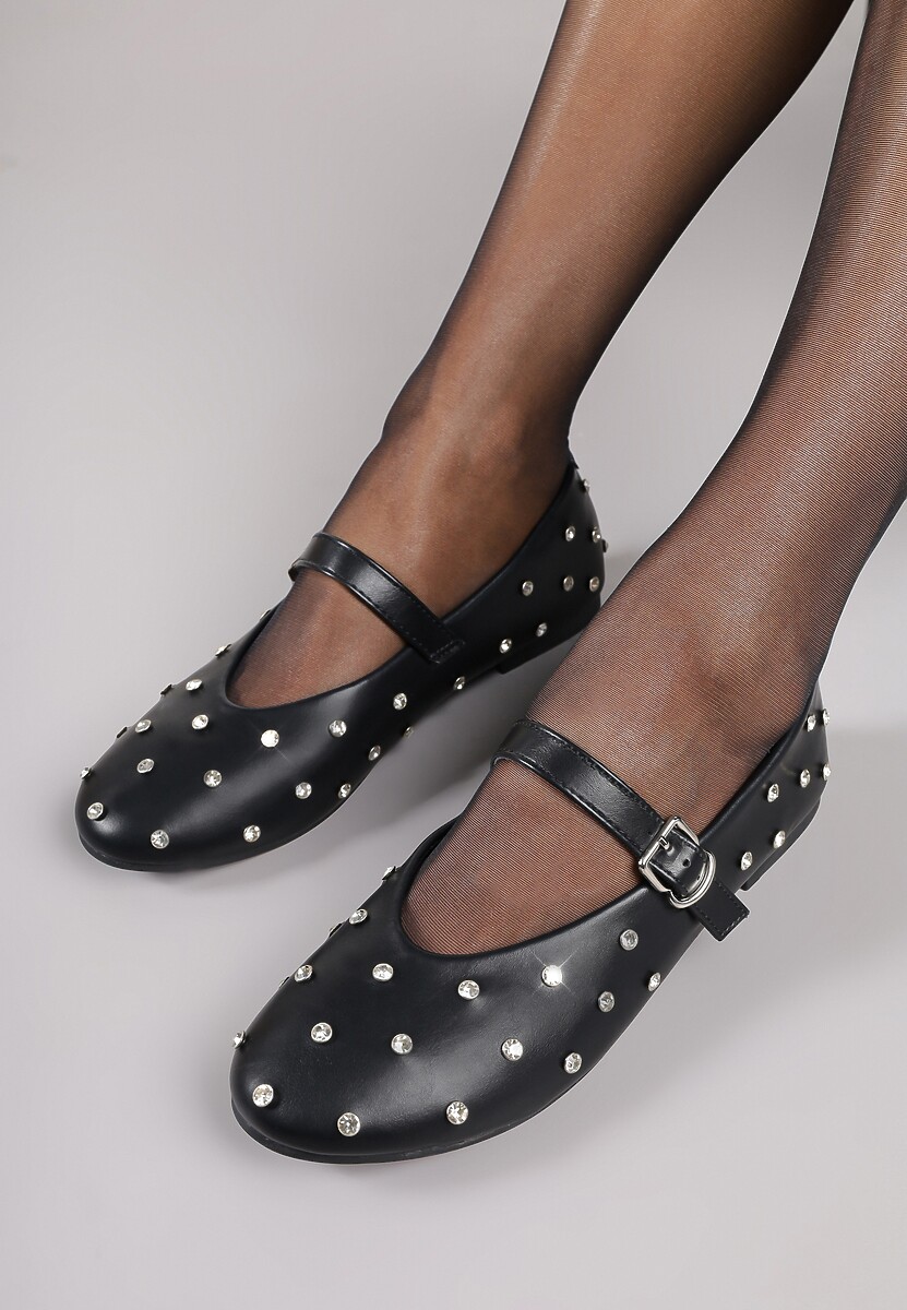 Czarne Balerinki Vices w Stylu Mary Jane z Ćwiekami i Skórzaną Wkładką Riladora