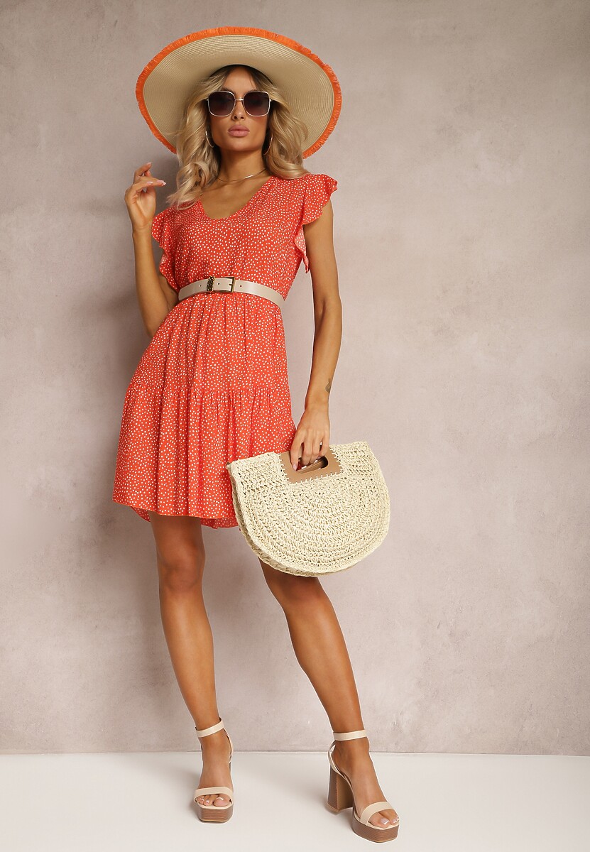 Pomarańczowa Rozkloszowana Sukienka z Bawełny w Kropki z Trójkątnym Dekoltem Riessa