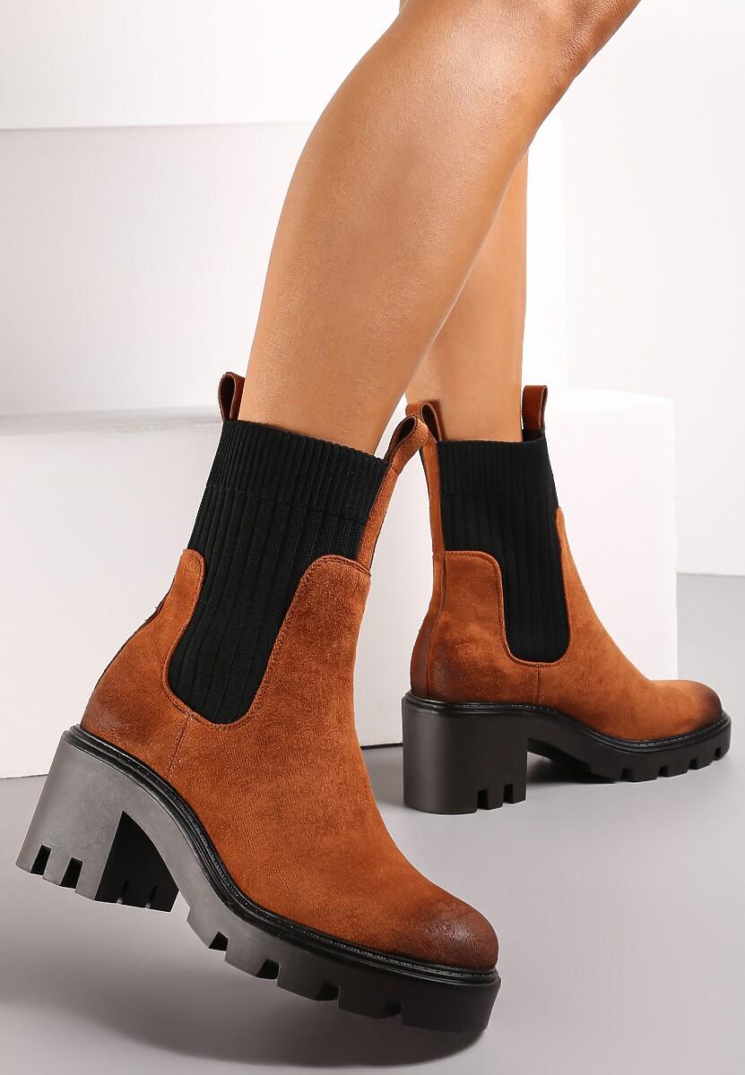 Brązowe Botki na Słupku z Protektorem i Elastyczną Cholewką Nemlle