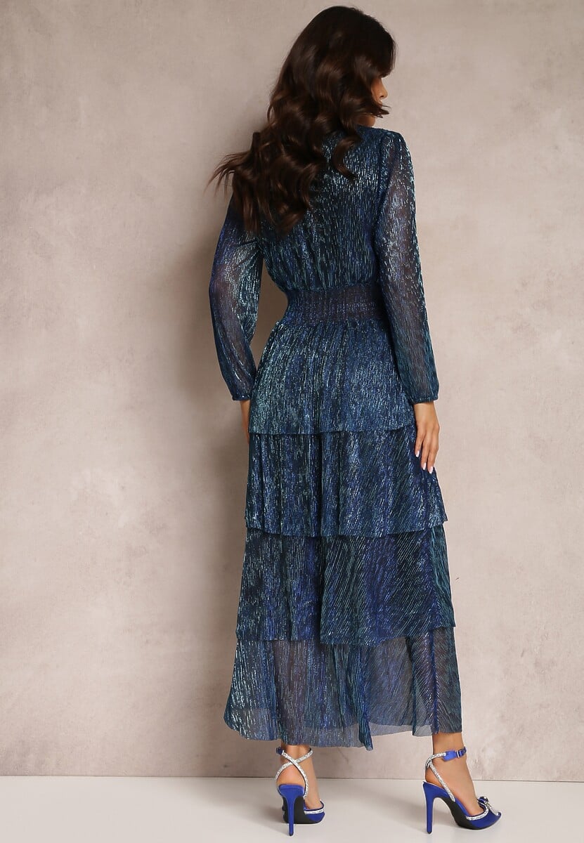 Granatowa Sukienka Błyszcząca z Falbanami i Transparentnym Rękawem Halose