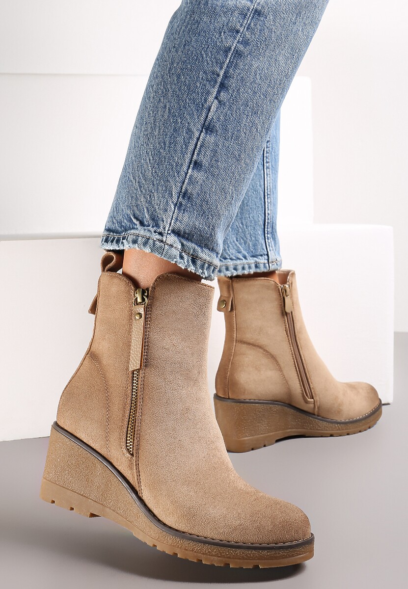 Beżowe Botki na Koturnie z Ozdobnym Suwakiem Houtanie