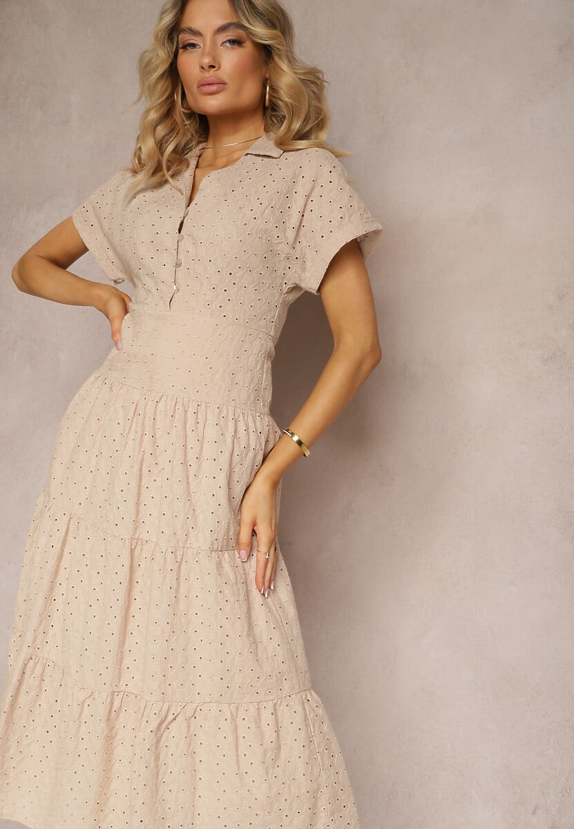 Beżowa Ażurowa Sukienka z Bawełny z Krótkim Rękawem i Guzikami Obitha