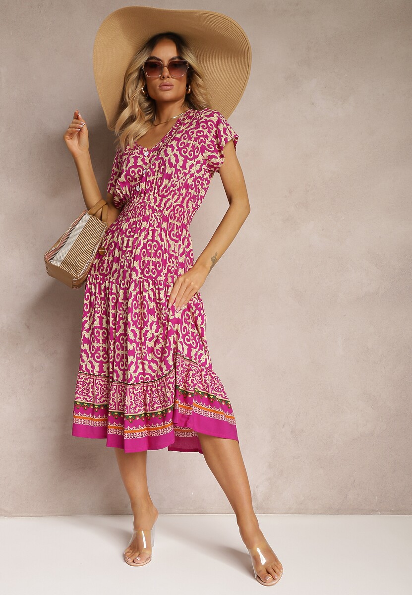 Fioletowa Sukienka z Bawełny z Trójkątnym Dekoltem i Gumką w Talii Zapinana na Guziki Lavlea