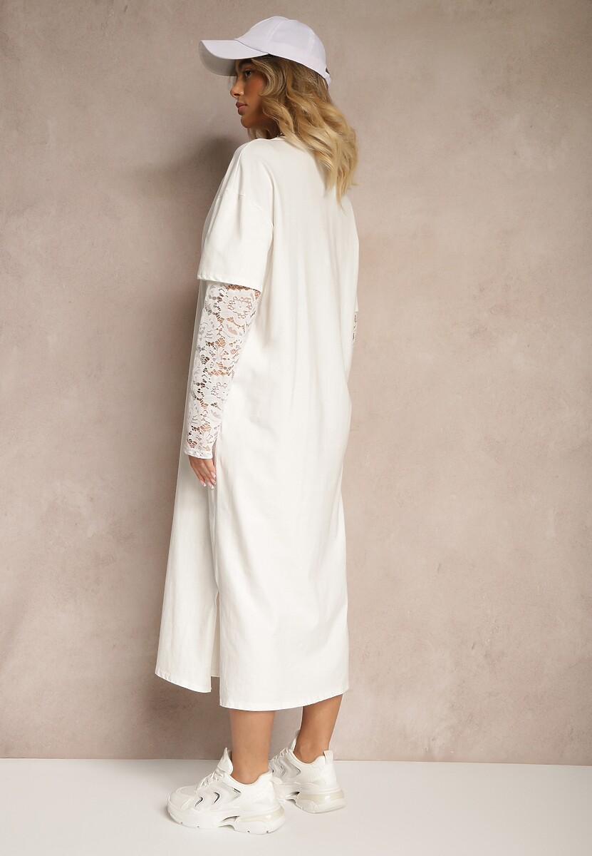 Jasnobeżowa Sukienka z Bawełny o Kroju Typu T-shirt z Koronką i Rozcięciami Tanisla