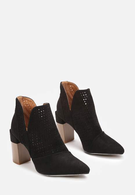 Czarne Ażurowe Botki z Wycięciami i Ozdobnym Słupkiem Belline