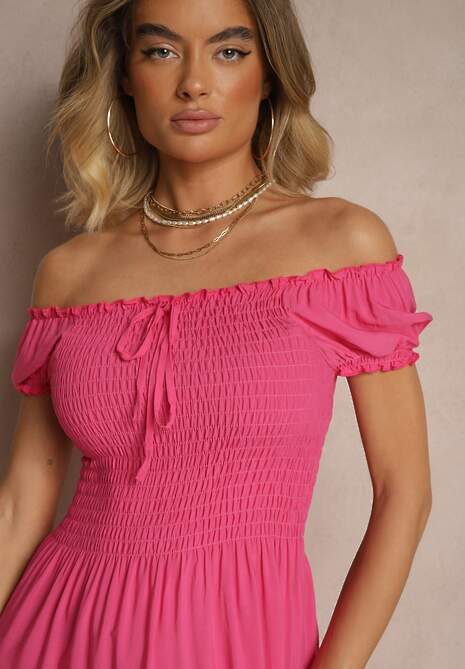 Różowa Sukienka z Wiskozy w Stylu Hiszpanki Ozdobiona Marszczeniem Jenalena