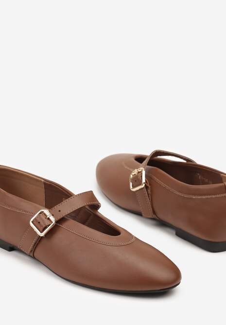Brązowe Balerinki Vices w Stylu Mary Jane z Klamerką i Skórzaną Wkładką Dimaline