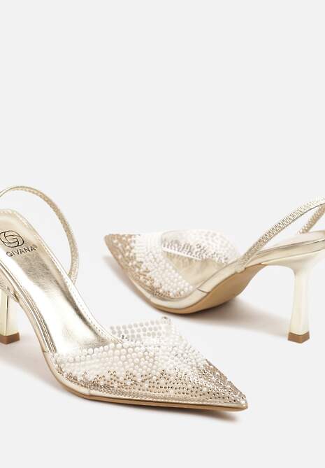 Złote Sandały Szpilki z Transparentnym Noskiem w Szpic z Cyrkoniami Nimilune