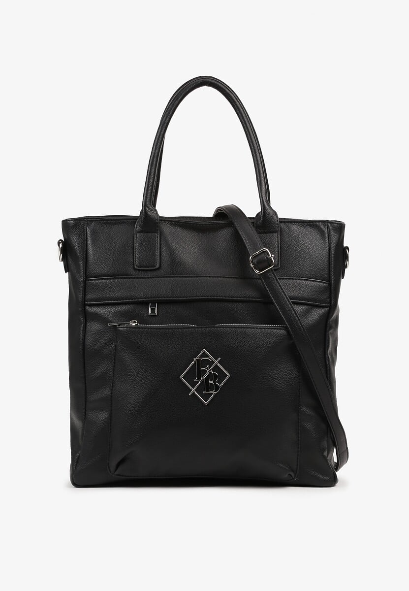 Czarna Torebka Typu Shopper z Paskiem Crossbody Zdobiona Aplikacją Idaniela