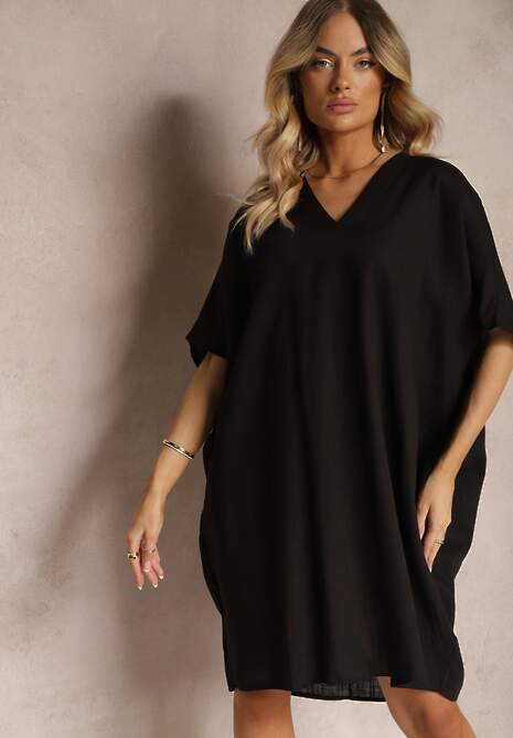 Czarna Pudełkowa Sukienka z Bawełny z Krótkim Rękawem i Trójkątnym Dekoltem Vikana