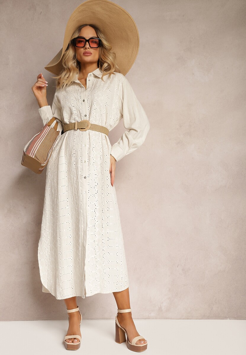 Jasnobeżowa Ażurowa Sukienka o Koszulowym Kroju z Wiskozy i Lnu z Rozcięciami i Guzikami Sannesti