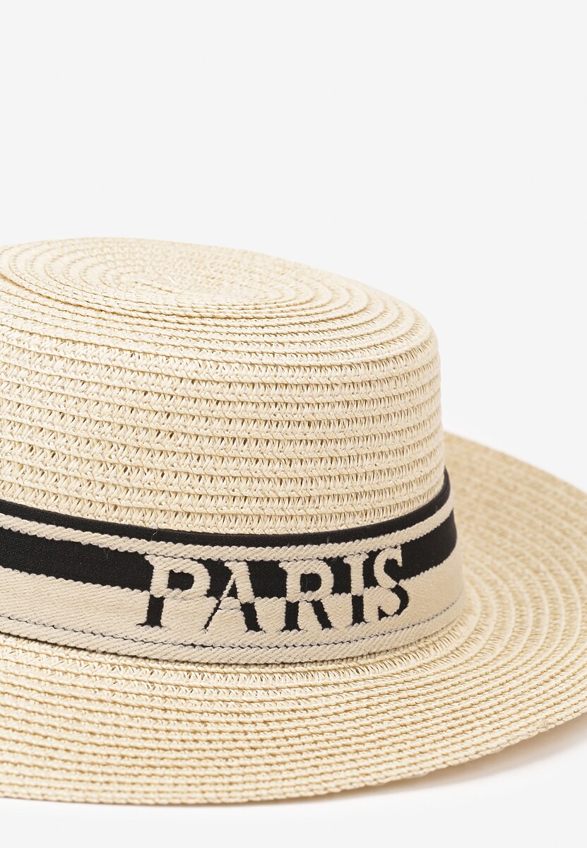 Beżowy Kapelusz z Plecionki z Tasiemką i Napisem Kollasea