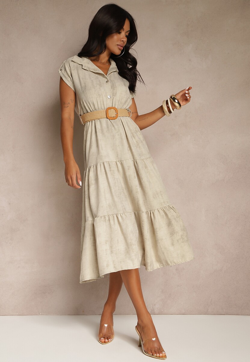 Jasnobeżowa Sukienka z Guzikami i Paskiem z Plecionki Fillona