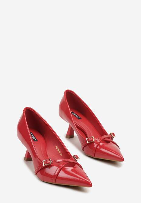 Czerwone Czółenka Lakierowane na Szpilce w Stylu Kaczuszki Ozdobione Paskami Laloma