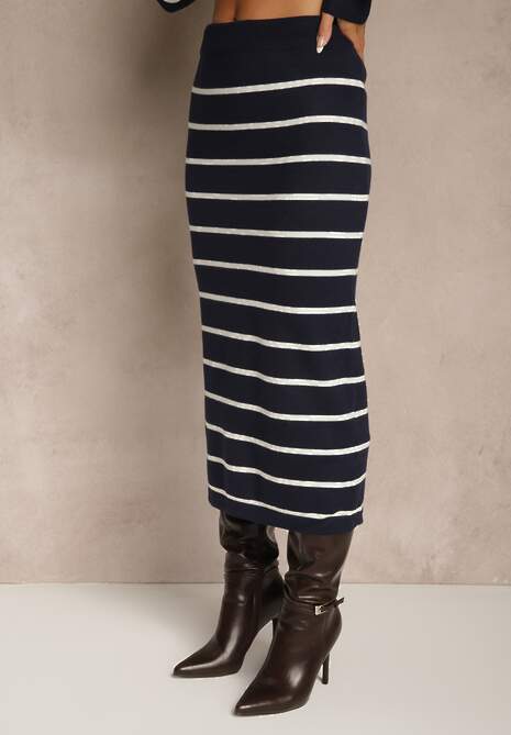 Granatowy Komplet z Wiskozą Spódnica i Bluzka z Guzikami Ozdobione Paskami Forrive