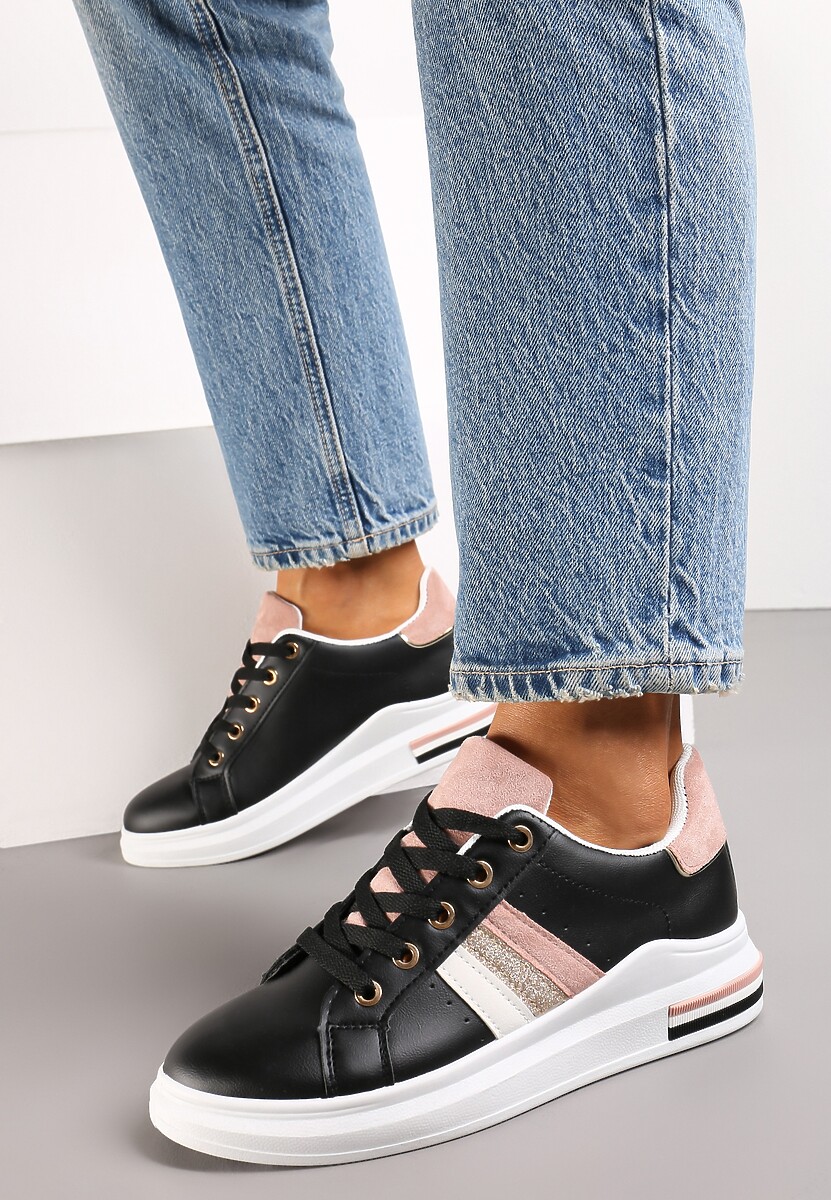 Czarne Sneakersy na Grubej Podeszwie Odelie