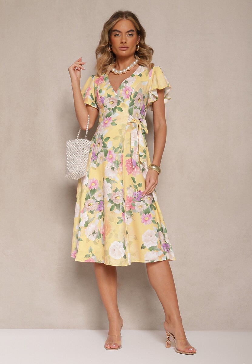 Żółta Kopertowa Sukienka w Kwiaty Atesalia