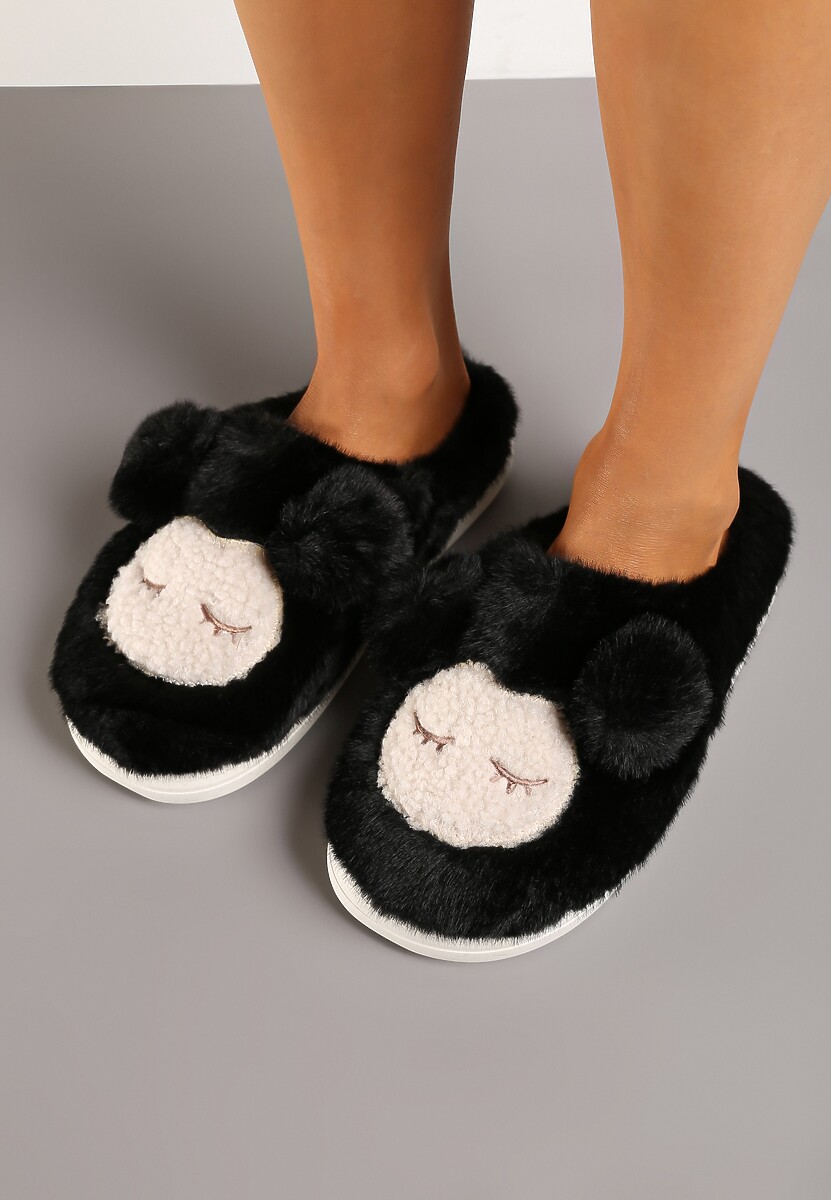 Czarne Kapcie na Grubej Podeszwie Wykończone Futrem i Aplikacją Imitującą Owieczkę Seathlin