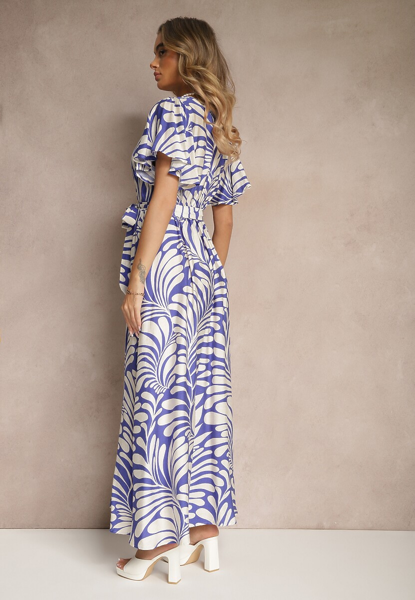 Niebieska Kopertowa Sukienka z Wiskozy Zdobiona Printem z Motywem Roślinnym Dinea