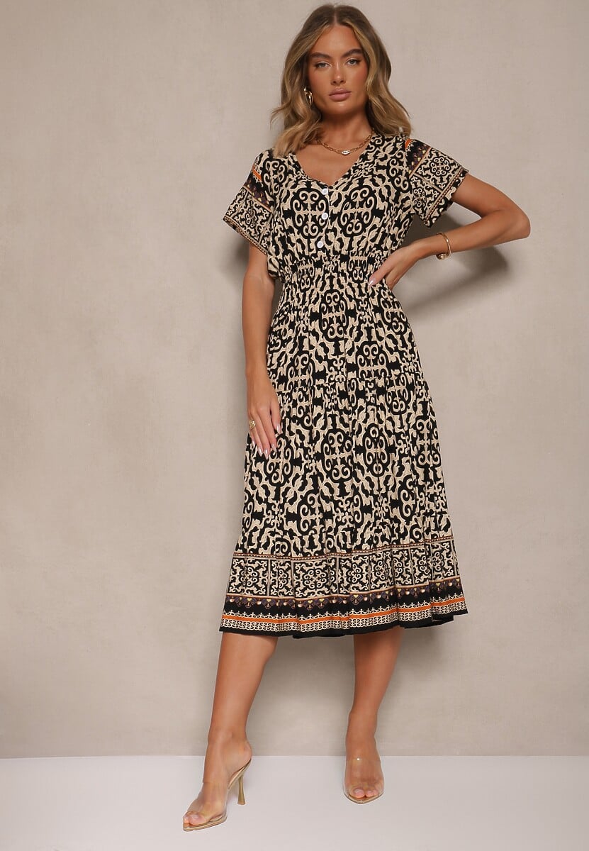 Czarna Sukienka z Bawełny Ozdobiona Ornamentnym Motywem Fillena