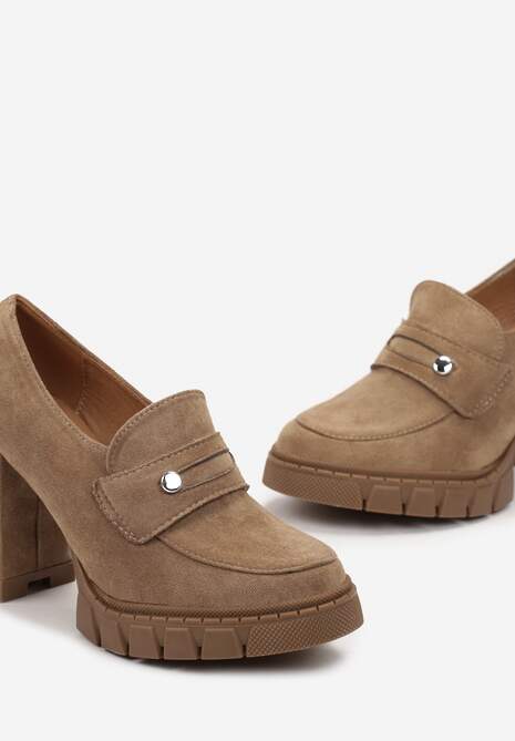 Ciemnobeżowe Półbuty na Słupku i Platformie Albreide